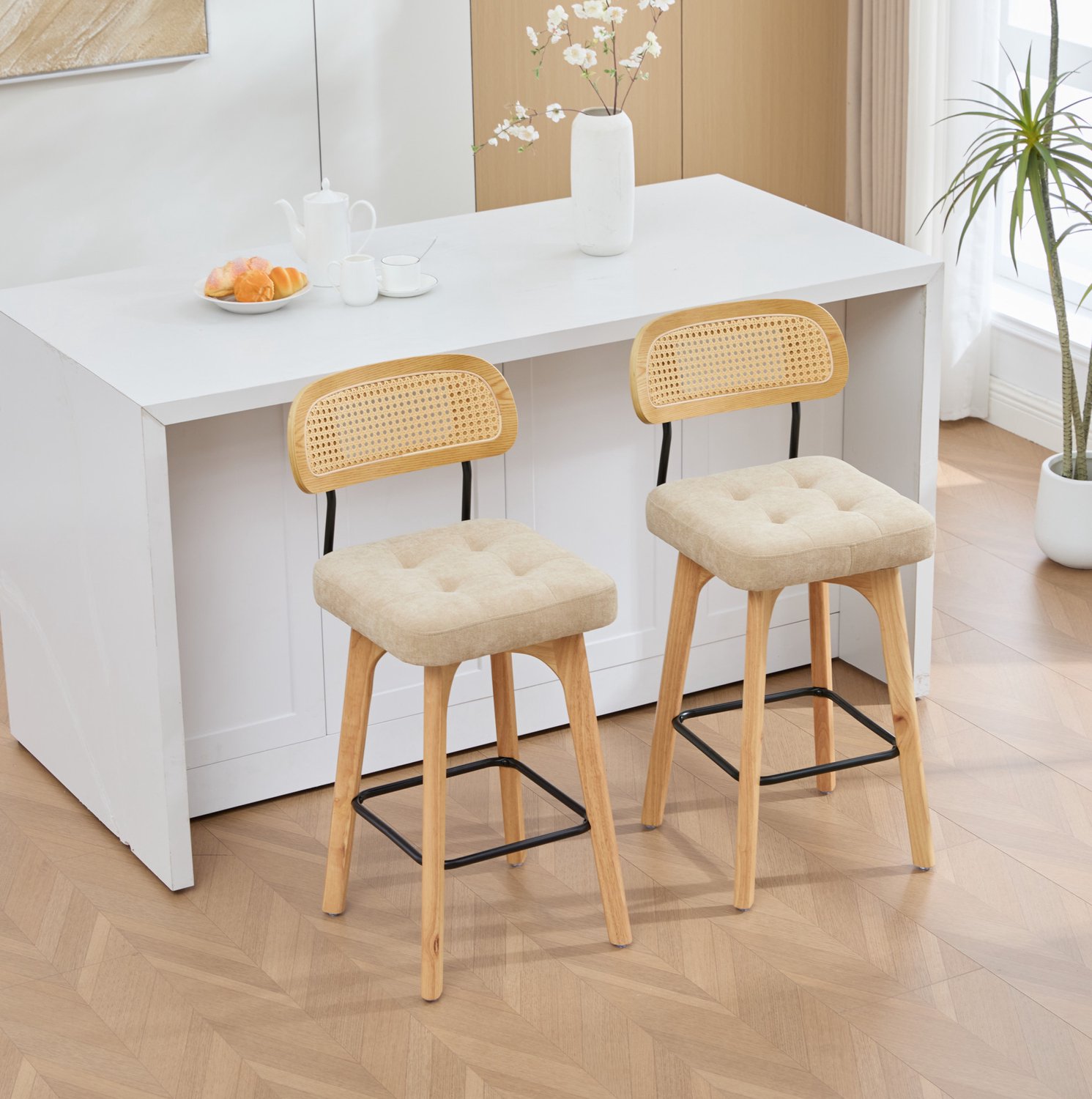 DESMIU Barkruk Set van 2 44 bij 51 bij 96 cm 360 Graden Draaibaar Met Rattan Rugleuning en Chenille Zitting Voor Keukenbar Khaki