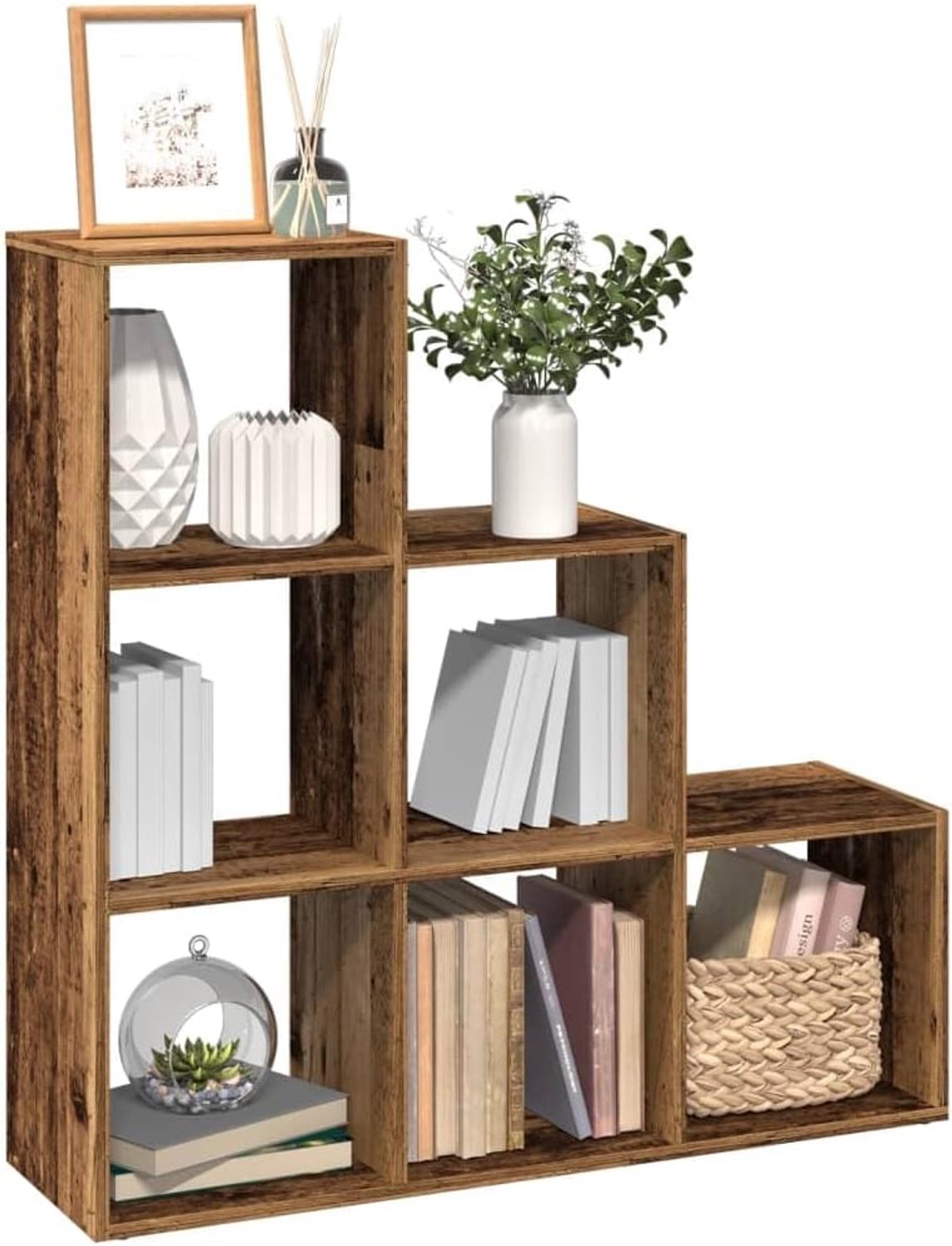 Ruimteverdeler, boekenkast, 3 etages, oud houtlook, decoratief rek, veelzijdig rek voor boeken voor woonkamer, 99 x 29 x 99 cm