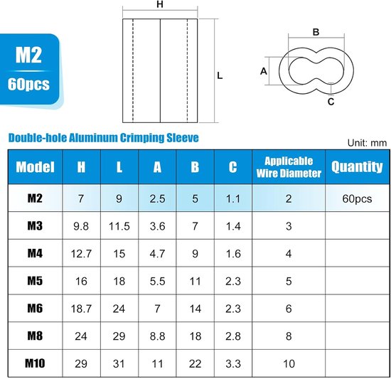 60 Stuks M2 Aluminium Persklemmen, Aluminium Krimphuls met Dubbele Gaten, Draad Touw Mouwen, voor Staalkabel — afbeelding 4
