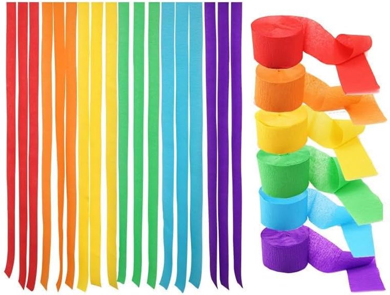 Crêpepapier Streamers 6 rollen, pak rood, oranje, geel, groen, blauw, paars crêpepapier voor verjaardagsdecoraties, babyshower-decoraties (1,8 inch x 72 ft/rol)