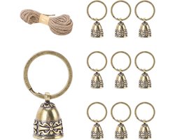 Zuiver koperen klokkenset 10 stuks handgepolijste kleine vintage hangende klokken voor kerstversiering, ambachten, doe-het-zelf-projecten met 10M jute touw en sleutelhanger