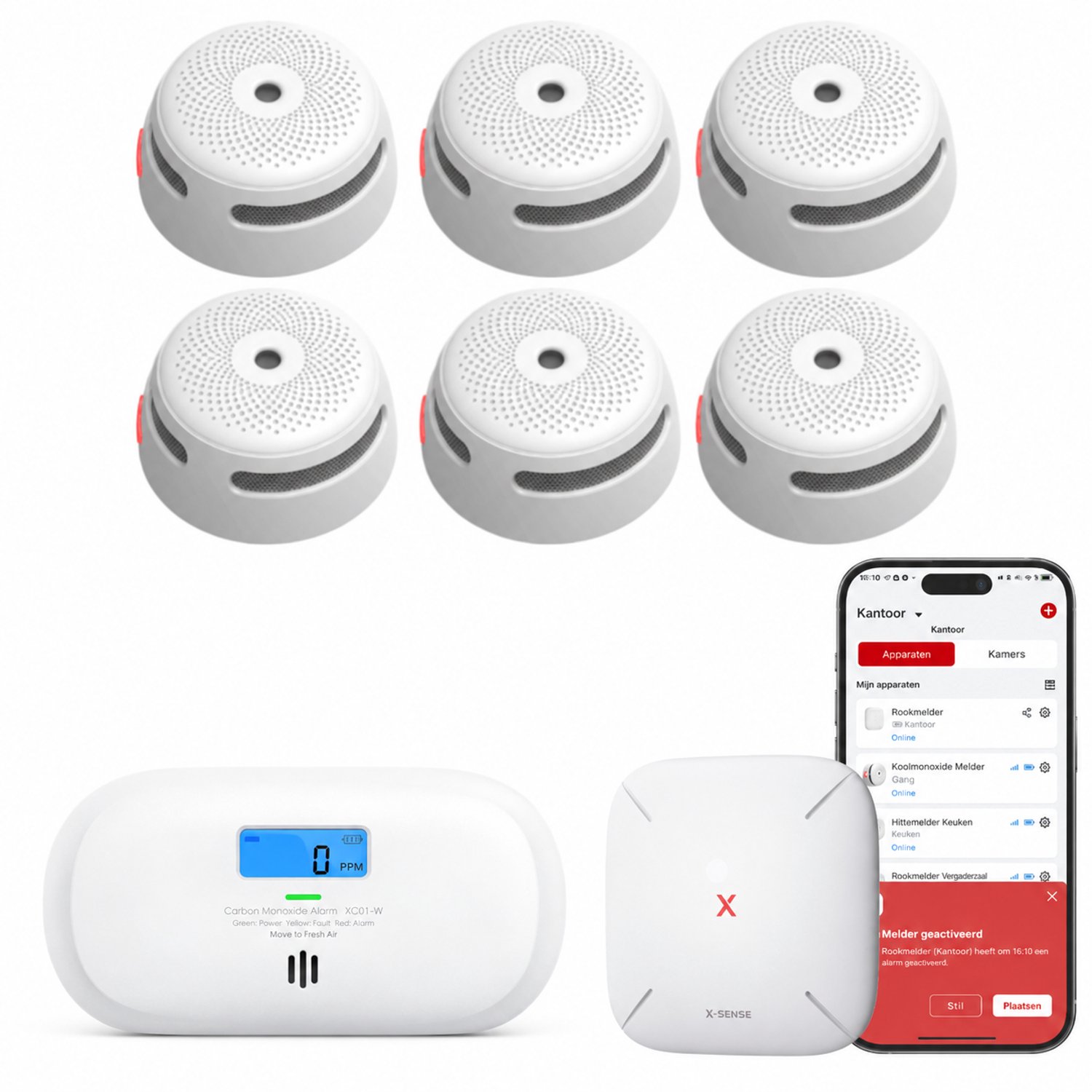 X-Sense Link+ Pro Slimme bundel - 6 XS01-M Rookmelders, 1 XC0C-MR Koolmonoxidemelder en SBS50 Base Station - Werkt via app - WiFi gateway - Draadloos RF koppelbaar - Brandalarm en CO melder - Smart home