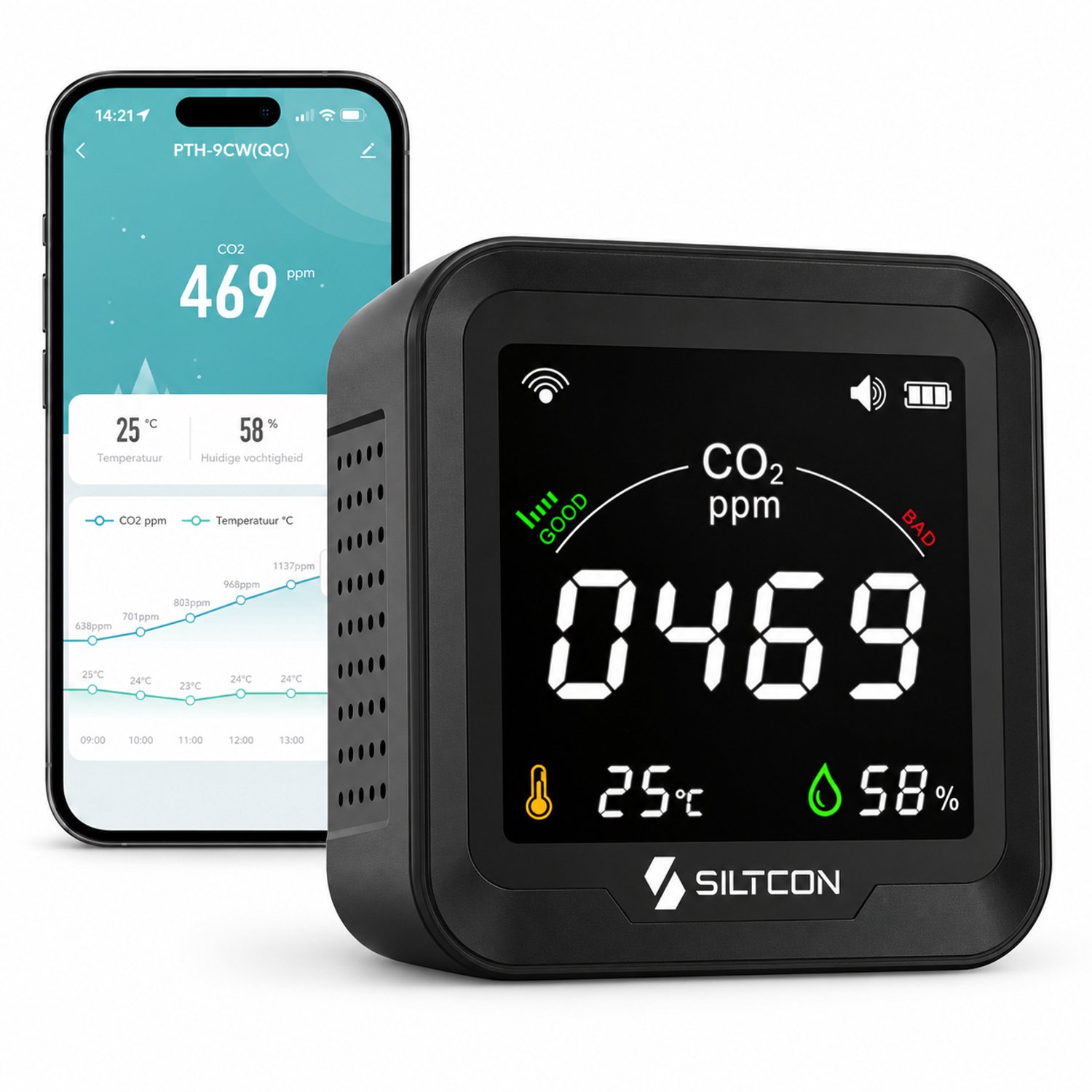 Siltcon® CO2 Meter - Met WiFi APP - CO2 Melder - Luchtkwaliteitsmeter - Met Hygrometer en Thermometer - Draagbaar & Oplaadbaar - Zelfkalibrerende NDIR sensor - Voor Thuis & Kantoor - Wereldwijd Alarmsysteem - Zwart