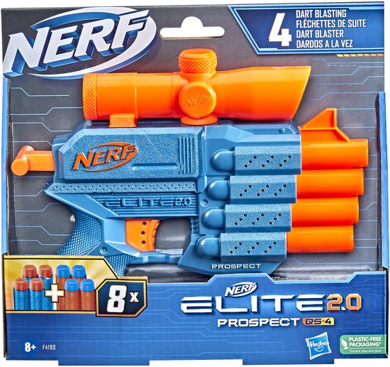 Nerf Elite 2.0 Prospect QS-4 blaster in blauw en oranje met 4 dart magazijn en vizier. Inclusief 8 darts.