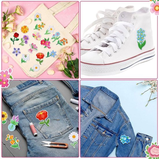 36 stuks bloemvormige opstrijkbare patches voor kleding, roze madeliefje pioen geborduurde patch, doe-het-zelf decoratieve patches voor T-shirts, jeans, jassen, hoeden, tassen — afbeelding 4