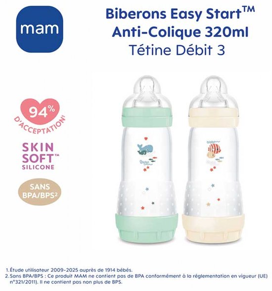 Set van 2 Babyflessen - MAM - Easy Start - Klassiek Anti-Colic - 320 ml - Doorstroomsnelheid 3 speen - Mint + Katoen — afbeelding 3