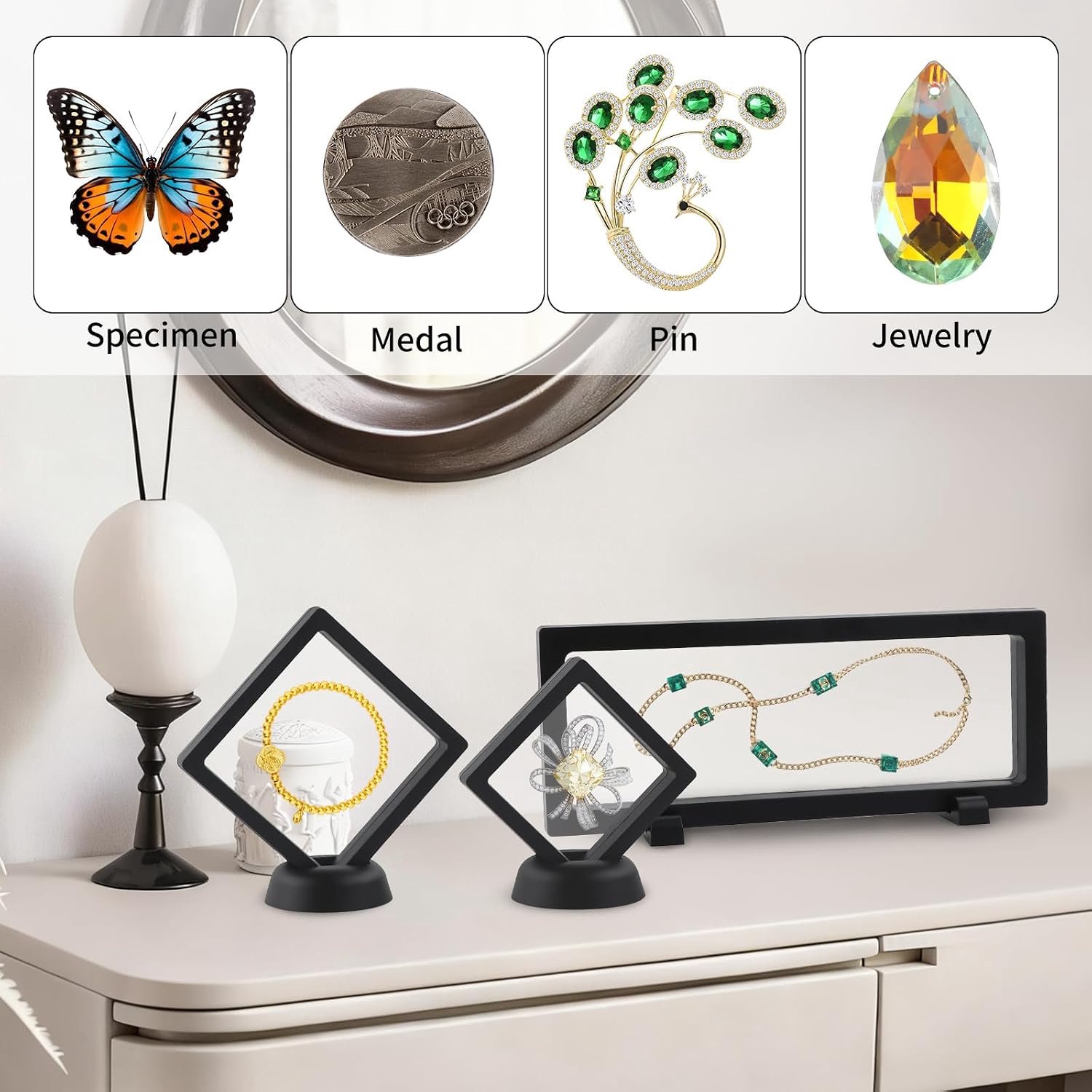 Set van 20 drijvende vitrines met basis, 3 maten uitdagingsmuntdisplayhouder, transparante PE-drijvende displayframes voor munten, medaillons, sieraden, zeeschelpen, mineralen en verzamelobjecten