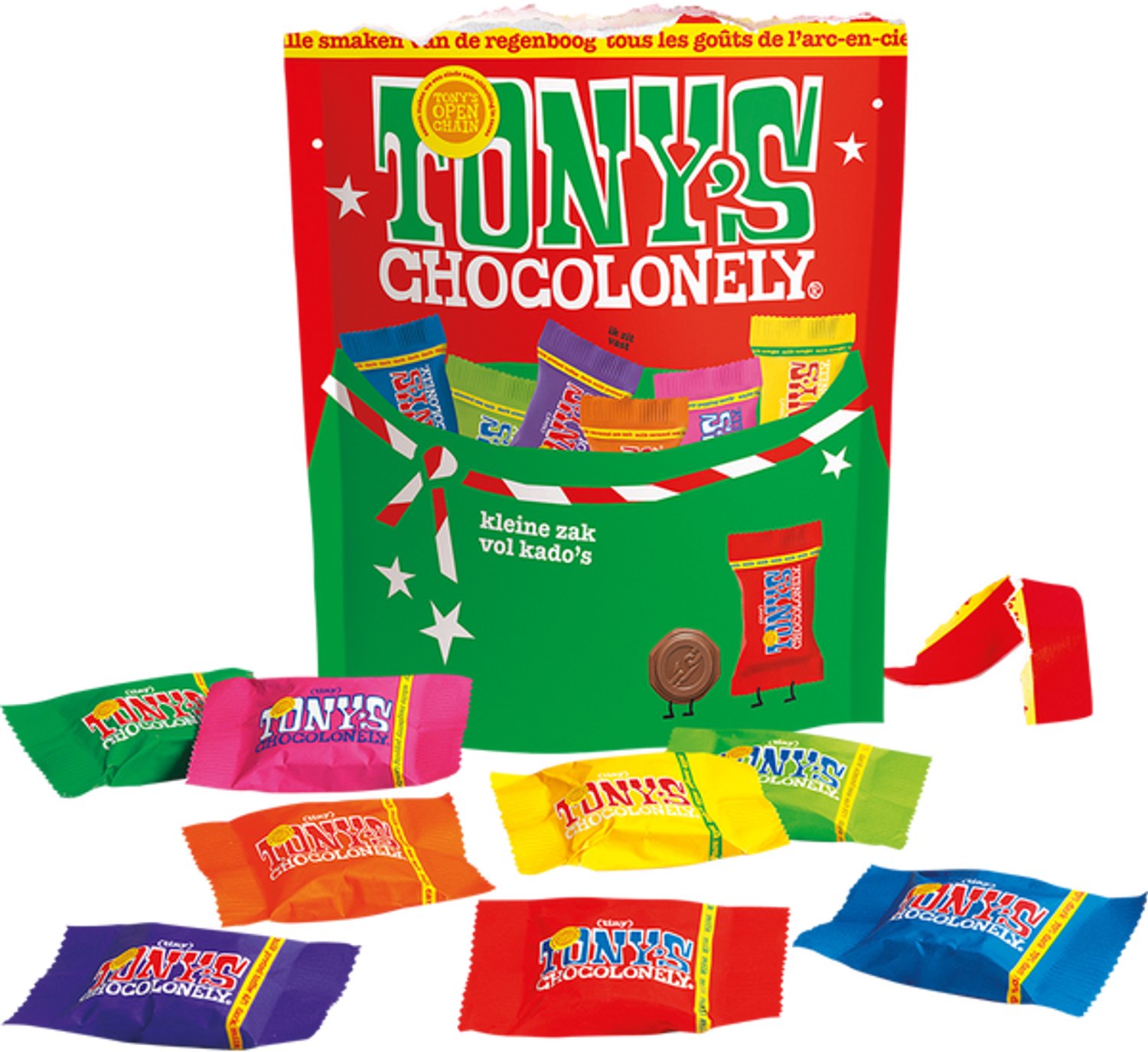 Tony's Chocolonely Kerst Cadeau - Kerstmis Chocolade - Chocolaatjes - 8 chocoladezakjes - Tiny Tony's Kerstpouch - 8x 126 gram