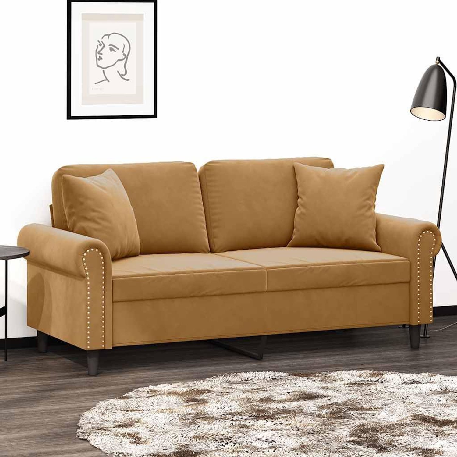 2-zitsbank 140 cm fluweel bruin met sierkussen modern design metalen frame robuust comfortabel ontspannen luxe velours stof gezellige woonkamer gestoffeerde meubels