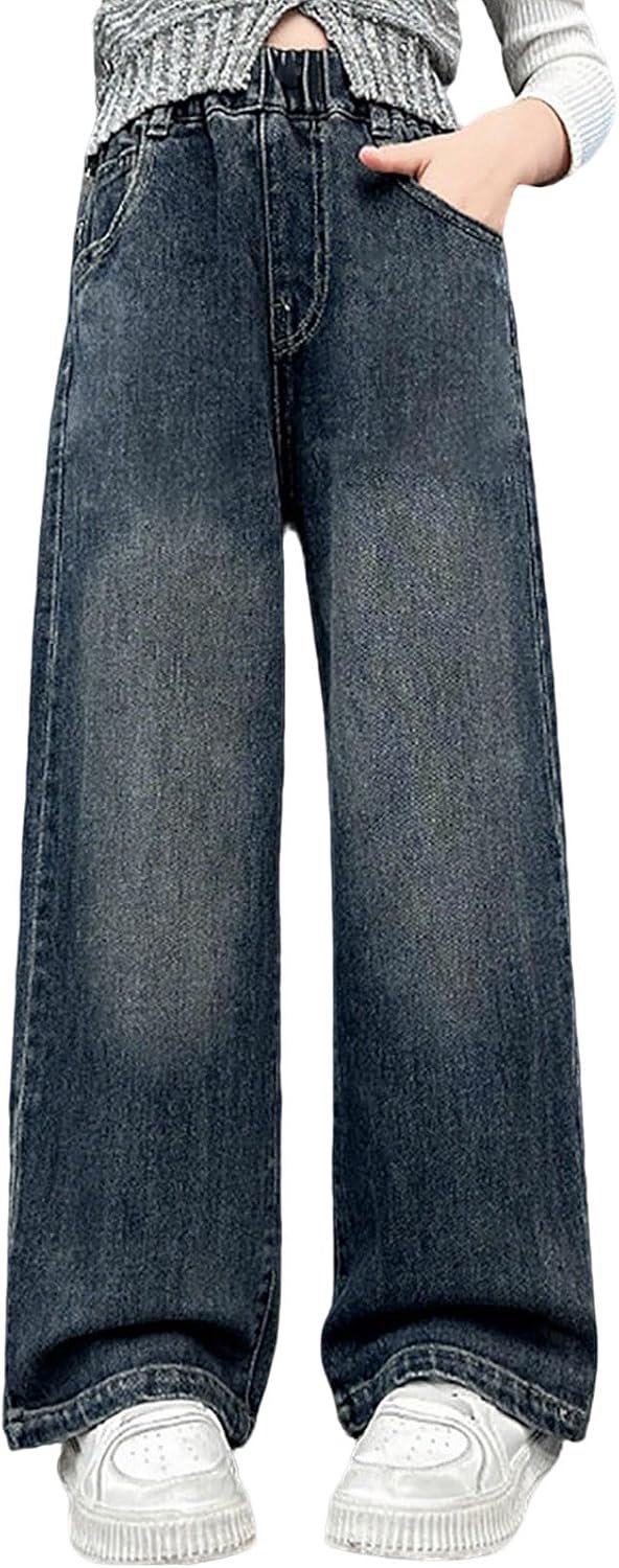 Générique Jeansbroek voor meisjes, brede pijpen, hoge taille, elastisch, casual, met zakken, voor kinderen van 6 tot 14 jaar