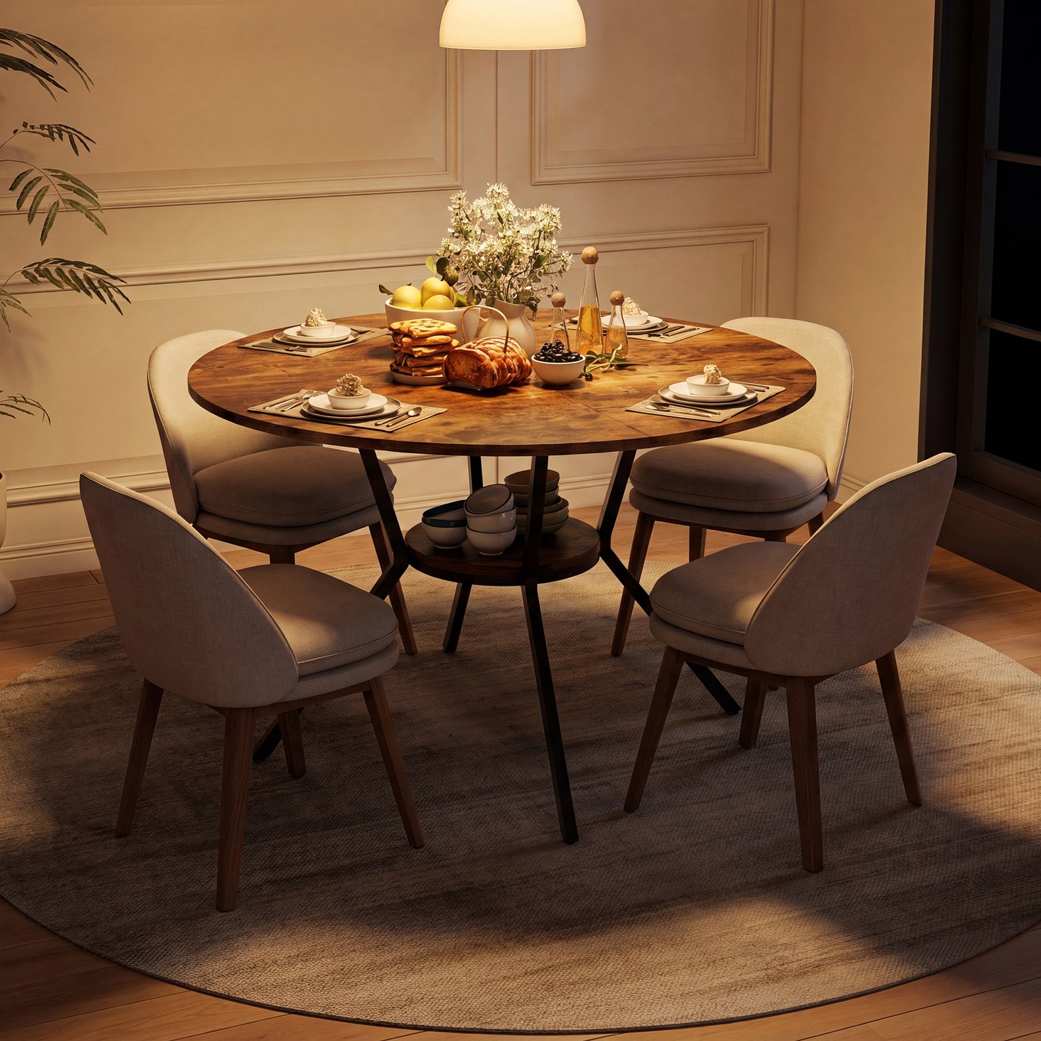 Yelenaro Ronde Eettafel 120 cm met plank, ruimtebesparend, Voor 4-6 Personen, MDF Tafelblad + Metalen Frame, zonder stoelen, Bruin