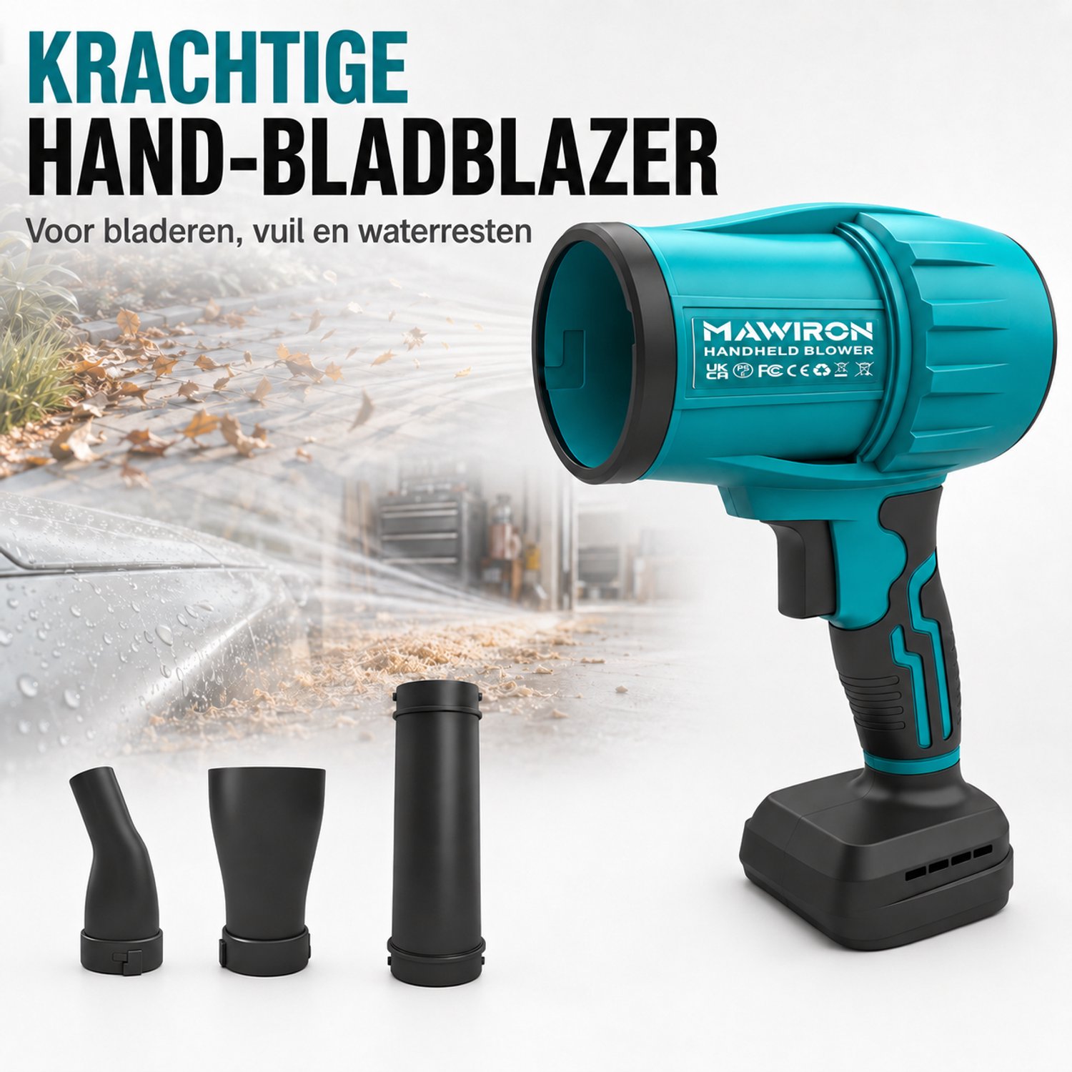 MAWIRON Draadloze bladblazer met turbine (alleen het hoofdapparaat) – Een compacte, op batterijen werkende handbladblazer met krachtige luchtstroom en 3 opzetstukken – perfect voor tuinen, terrassen, garages, studio's en auto's.