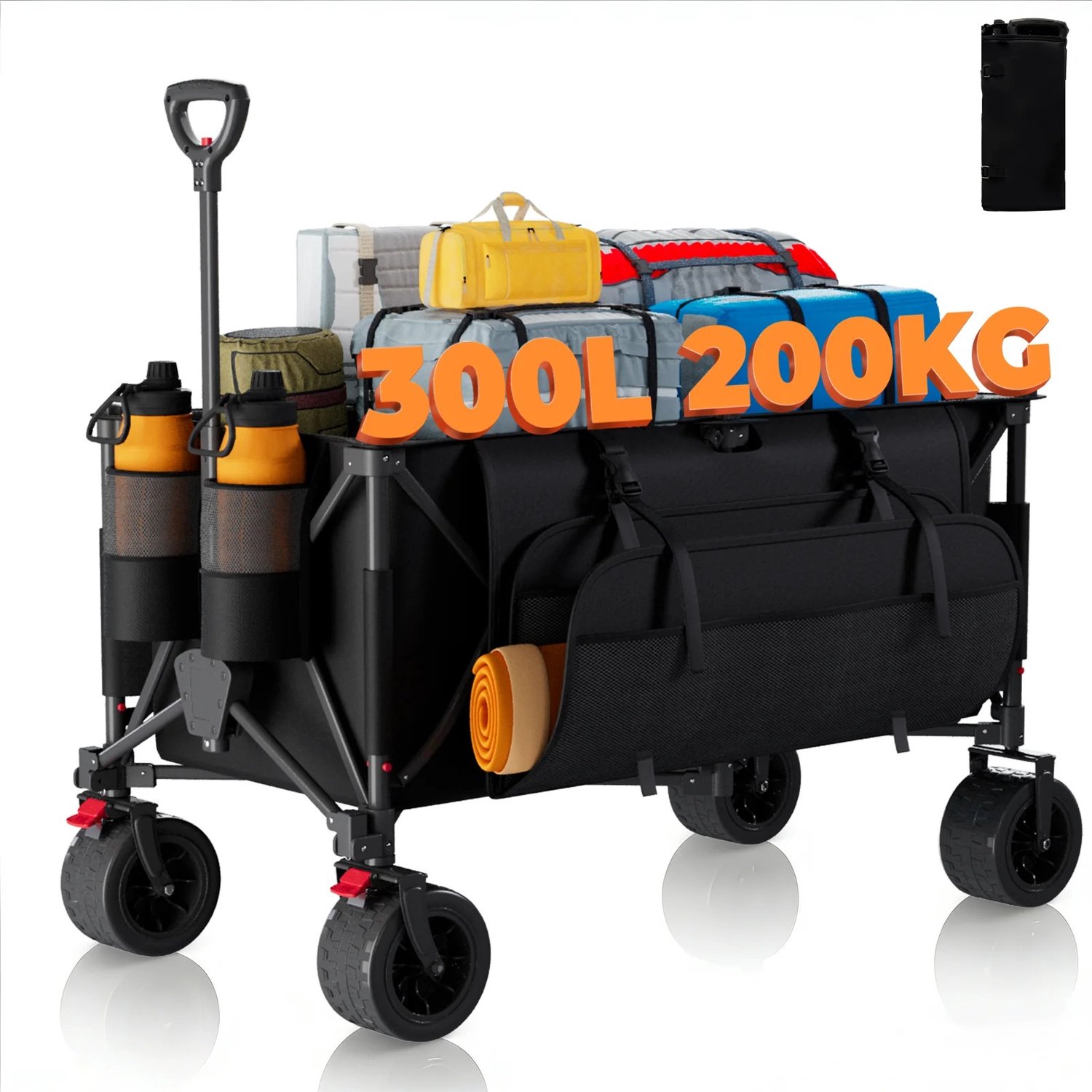 Sellino Bolderkar - Opvouwbare Campingkar - Kar - Bolderwagen - Inklapbare Kar met 360° Draaifunctie ° - 300L - Tot 200 Kg - Zwart