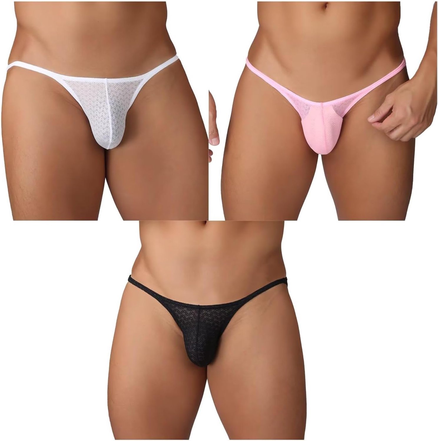 Kanten herenstring, lage taille, doorschijnend mesh, mini slip bikini-model