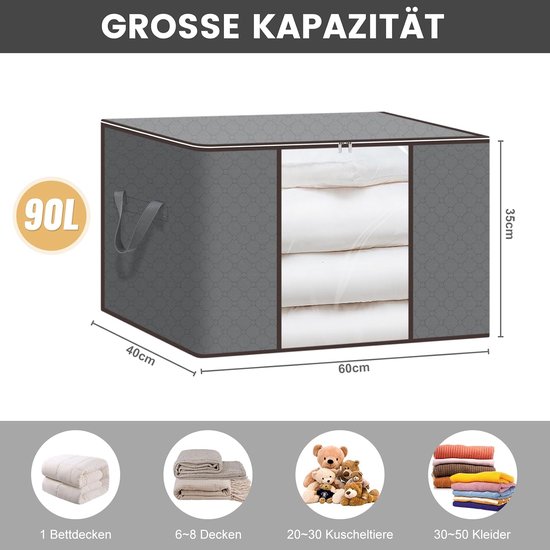 6 stuks 90 l opbergtas, opbergdoos met deksel, groot, onderbed, opbergdoos, opvouwbare opbergdoos met versterkte handgreep voor kleding, dekbedden, deken, grijs — afbeelding 4