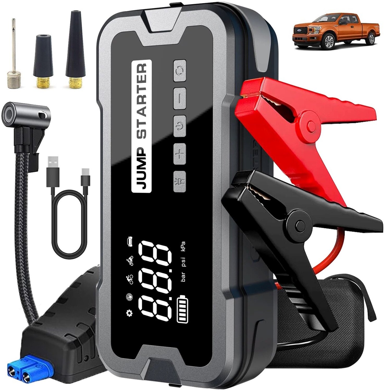 Digisand 12V 5-in-1 Jumpstarter voor Auto & Motor met Compressor - 24.000 mAh /150PSI - 22.5W Snellader USB C - Bandenpomp Tot 10.8 Bar 35l/min - LED Zaklamp - SOS Noodlicht - Noodpakket - Alle Voertuigen - Booster- Bandenpomp - Incl. Hardcover