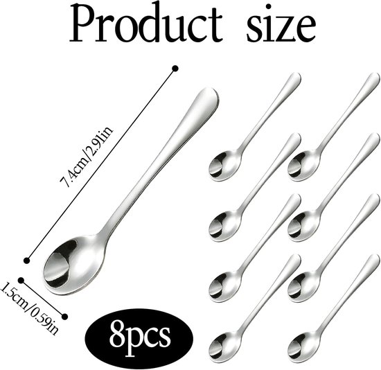 8 stuks kleine roestvrijstalen kleine lepels, espressolepels mini, klein 7,5 cm, mini-lepels, schattige roestvrijstalen mini-lepels, schattige kleine kruidenlepels voor specerijen, zout, honing — afbeelding 4