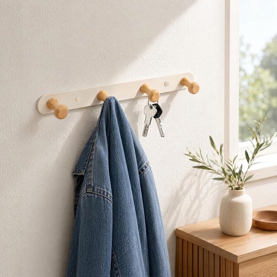 2 stuks kapstokhaken met 4 houten haken, wandkledinghaken, houten kapstok voor hal, woonkamer, slaapkamer, keuken, garderobe — afbeelding 4