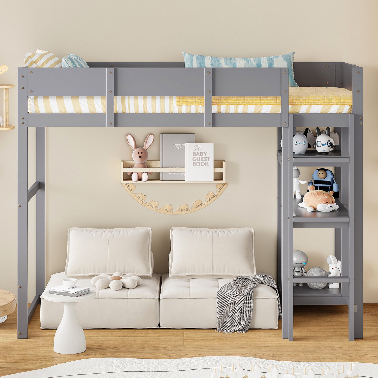 Merax Hoogslaper 90x200 cm - met opbergplank - met lattenbodem - kinderbed - grijs - zonder matras