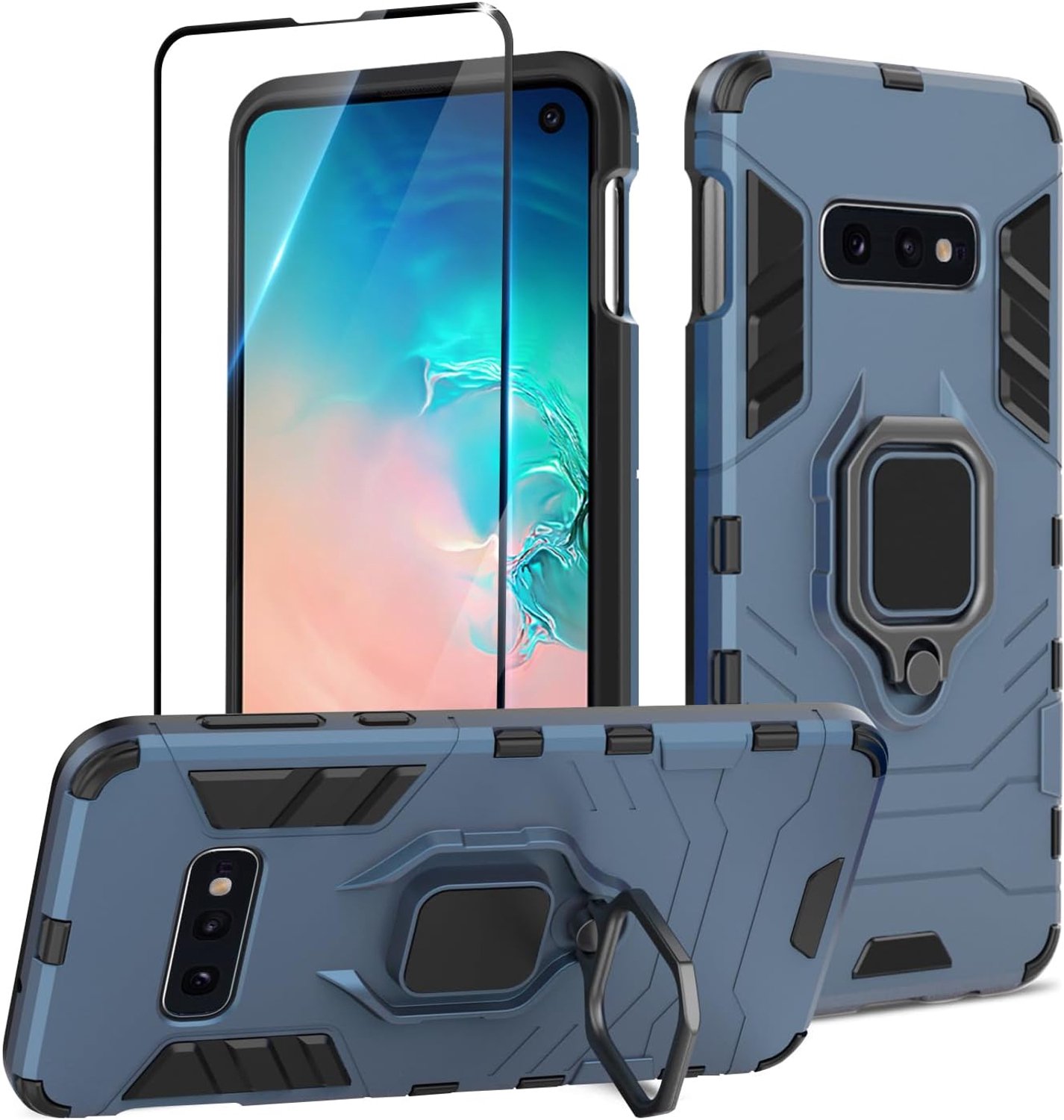 Hoesje voor Samsung Galaxy S10e met Screen protector, schokbestendig, zwaar belastbaar pantserhoesje, met standaard, voor magnetische autohouder- blauw