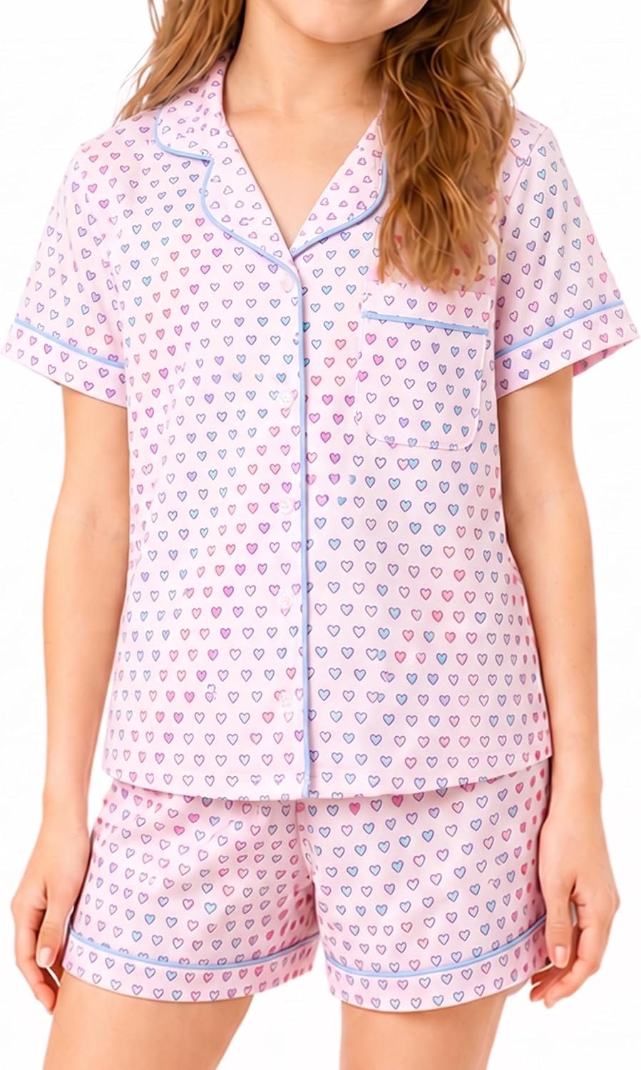 Pyjama voor meisjes, zomer, korte pyjama voor meisjes, 2-delig, korte mouwen, met knopen, als cadeau voor meisjes van 6 tot 13 jaar