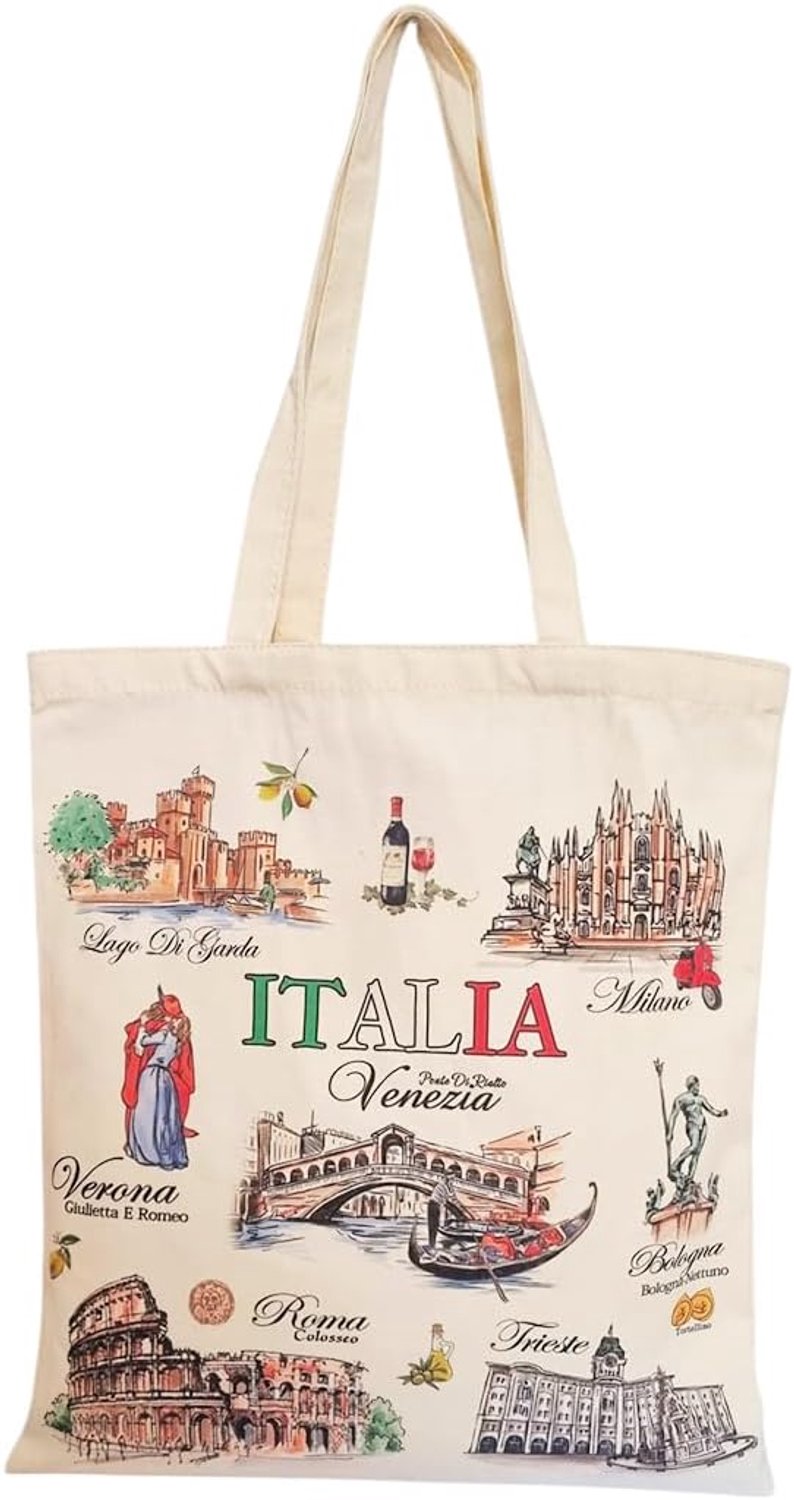 Katoenen tas met twee handgrepen ontwerp Italië belangrijke monumenten Venetië Rome Verona Milano herbruikbaar voor winkelen en vrije tijd 42 x 38 cm