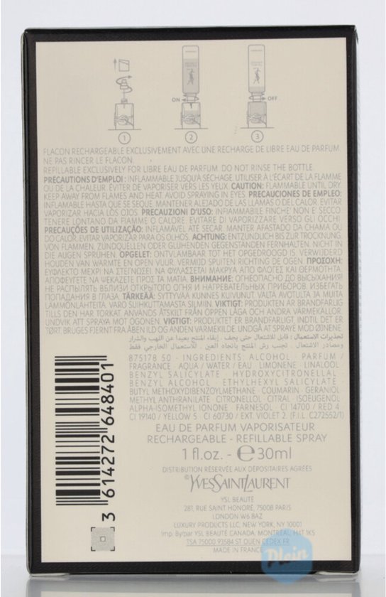Doos met productinformatie, ingrediënten en barcode. Geur: Eau de Parfum.