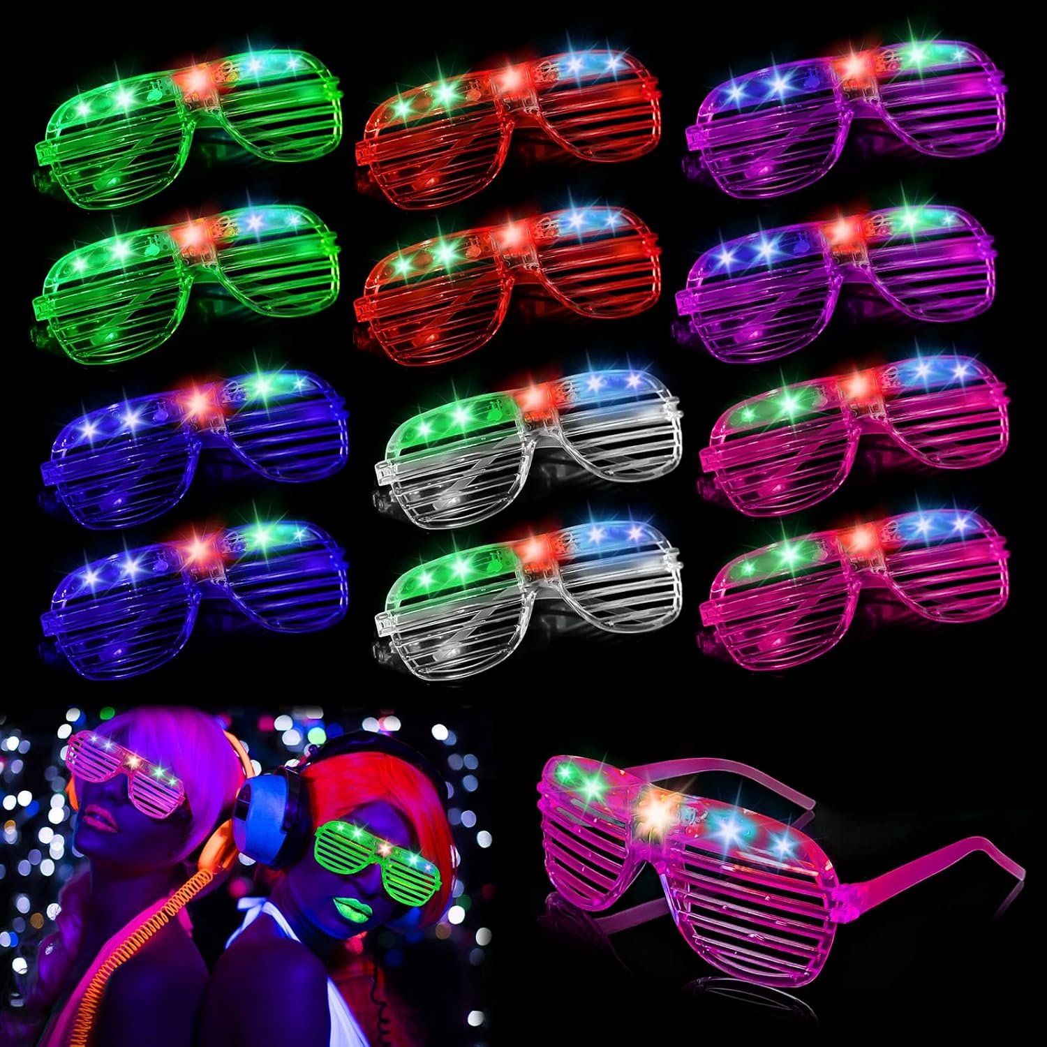 Led-bril voor feestjes, 12 lichtbrillen, voor feestjes, neon rave-bril, led-bril voor feest, Kerstmis, Halloween, verjaardag, dans, bar, club, feest