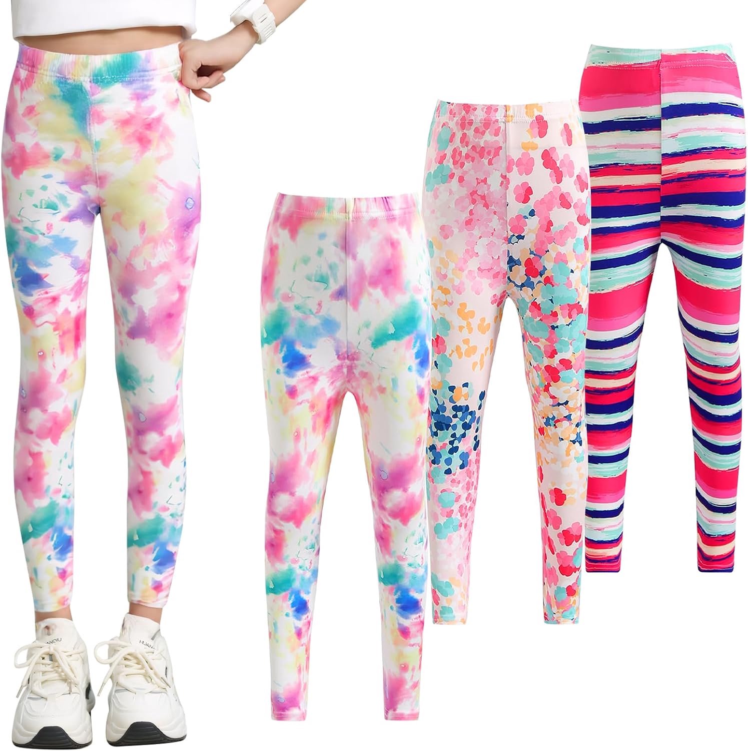 Meisjesleggings voor kinderen, sportlegging, lange joggingbroek, elastische sportbroek, ondoorzichtige broek, vrije tijd, slaaplegging, verpakking van 3 stuks