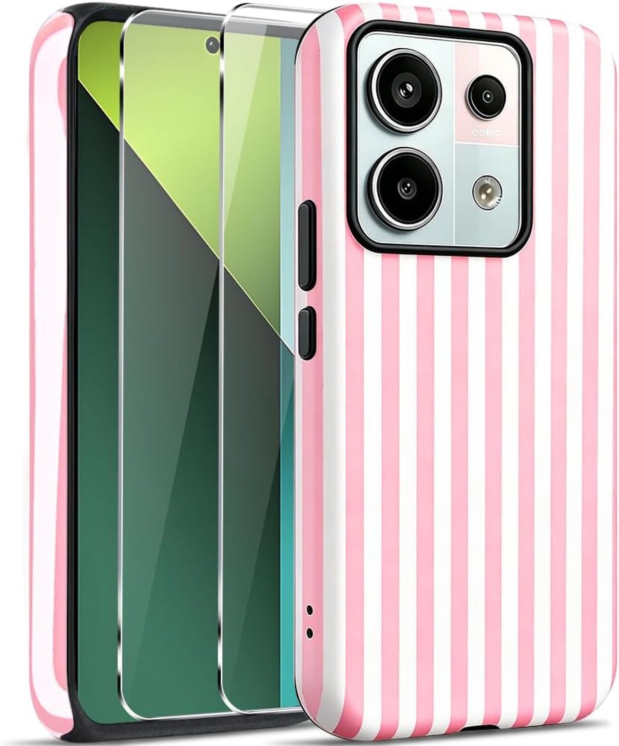 Beschermhoes compatibel met Xiaomi Redmi Note 13 Pro 5G met 2 gehard glas, esthetisch strepenpatroon, mat design, 2-in-1 beschermhoes, krasbestendig, schokbestendig, voor vrouwen en meisjes