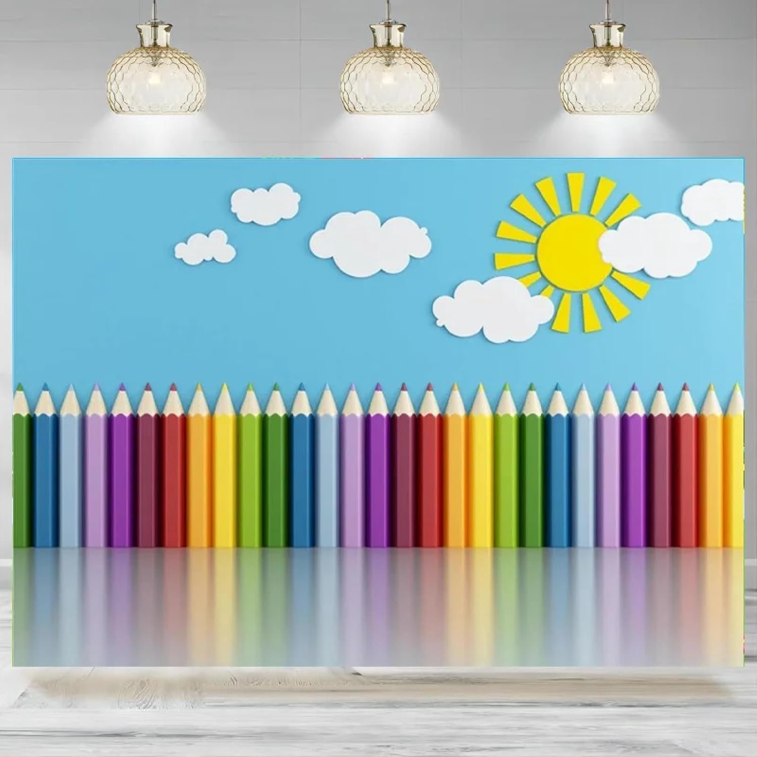 Kinderdag decoratie, fotografie achtergrond, potlood, zon, wolken, blauwe achtergrond, kleuterschool, kinderkamer banner decoratie, 440 x 300 cm