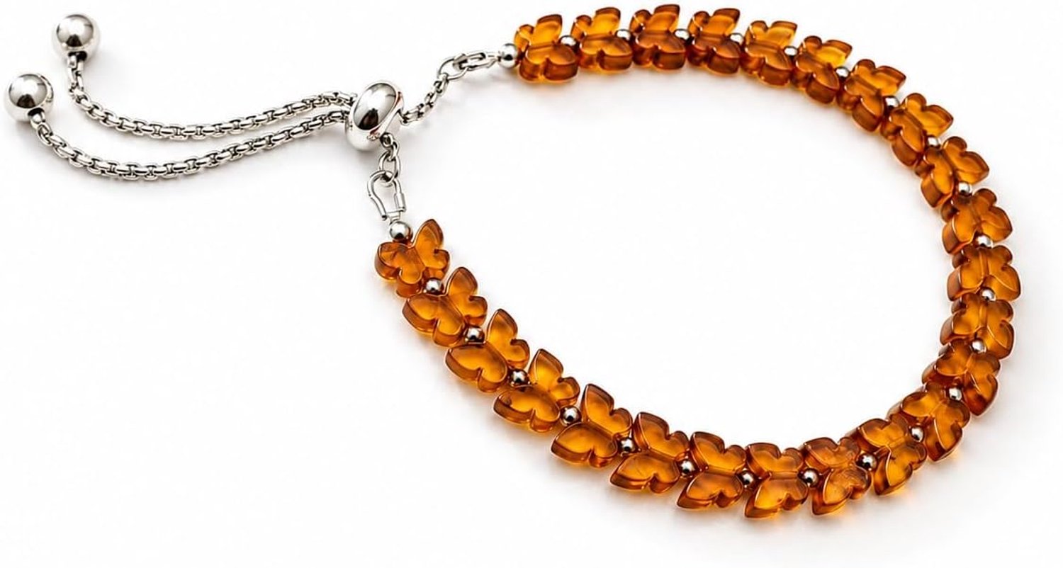Baltische barnsteenarmband voor dames, met vlinders, hematiet, verstelbaar, 17-22 cm, handgemaakt in Polen
