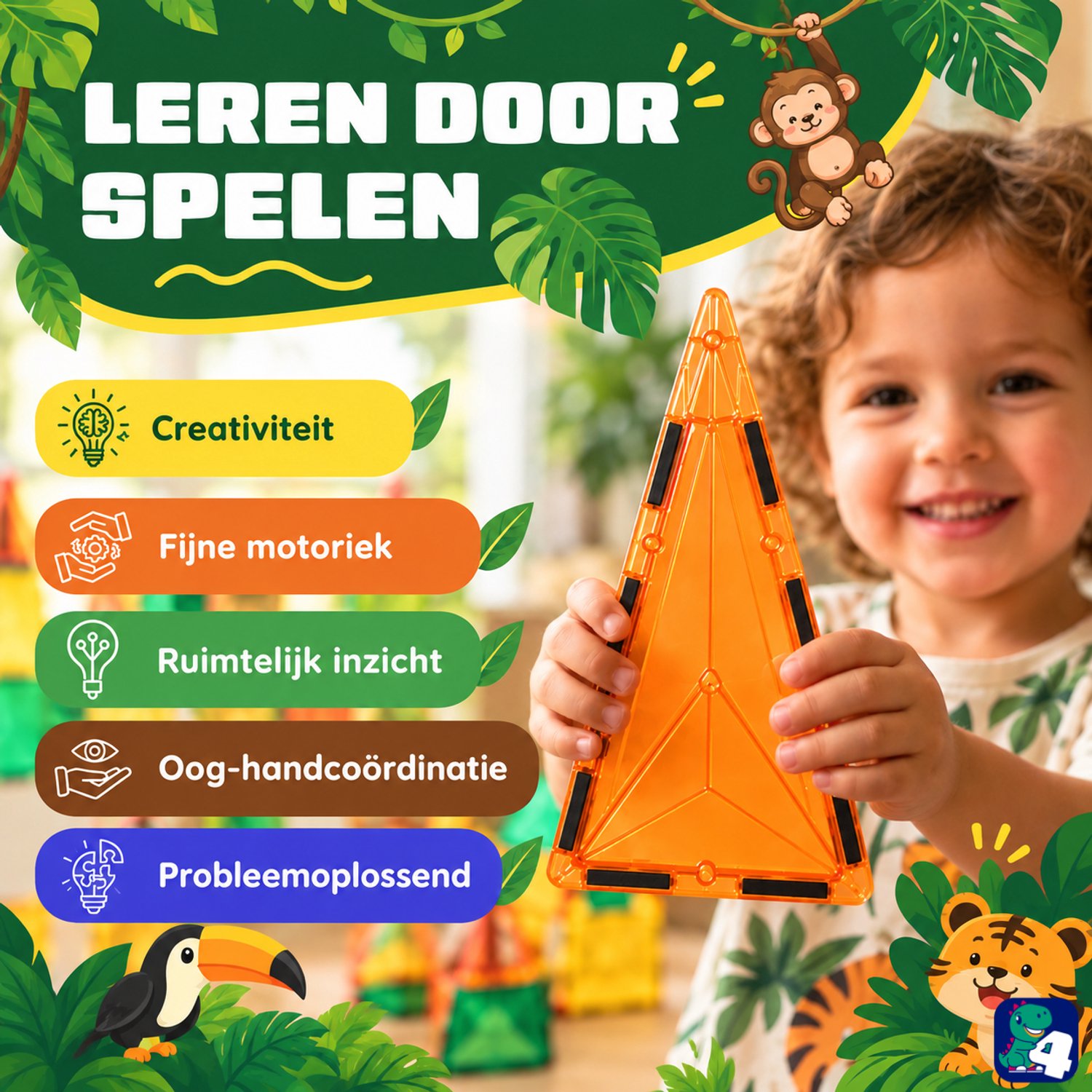 Fits4Kids® Magnetic Tiles - 47 Stuks - Magnetisch Speelgoed - Jungle Thema - Magnetische Tegels - Magna Constructiespeelgoed - Bouwstenen - 3 4 5 6 7 8 Jaar — afbeelding 7