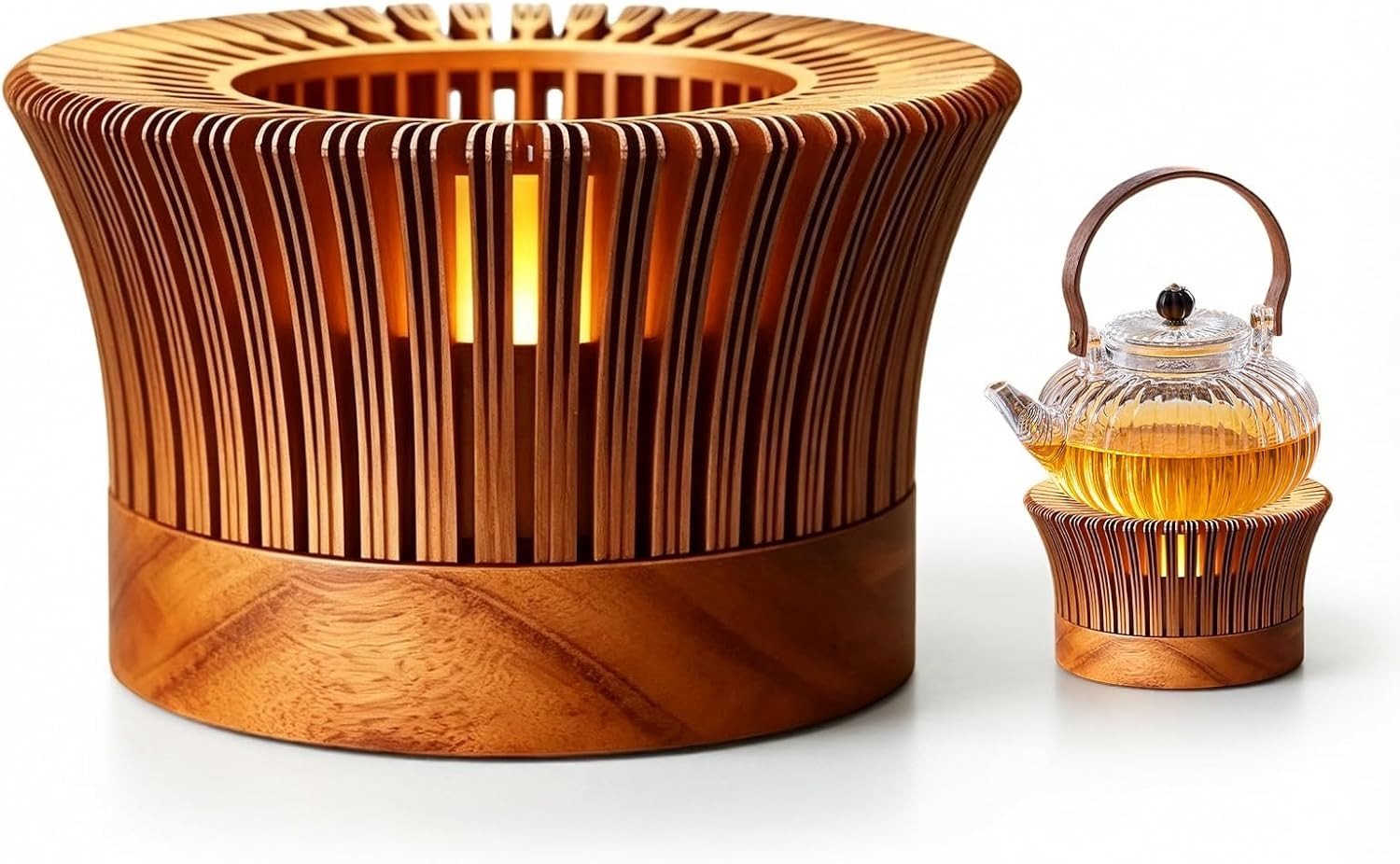 Theewarmerset - Goud - 14 cm - Aluminium met Houten Sokkel - Voor Thuis en Camping