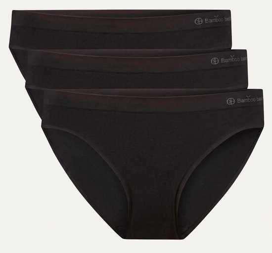 Drie zwarte, naadloze slips met een brede tailleband van Bamboo Basics.