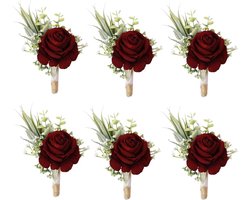 Ansofi Set van 6 wijnrode boutonniere voor beste mannen bruidegom bordeauxrode knoopsgaten voor bruiloft feest prom decoratie