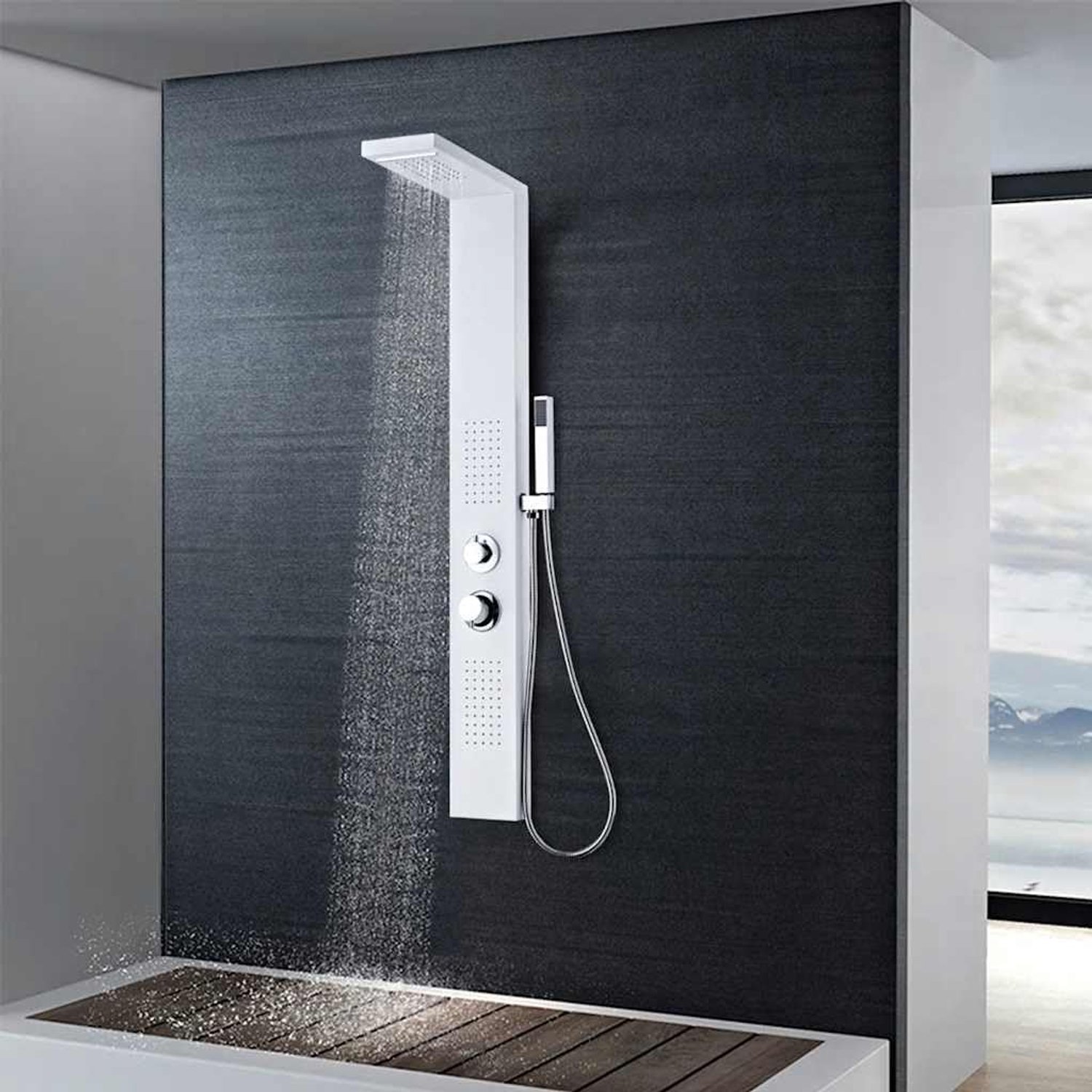 Douchepaneel douchezuil mat wit met regendouche waterval massage en handdouche 130 cm douchesysteem voor badkamer