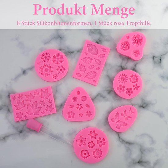 8 stuks siliconen bloemenvormen, 3D mini-bakvorm, fondant gietvorm vlinder met 1 roze druppelper, voor gelei, fondant, chocolade, ijs, kaarsen, lijm (roze) — afbeelding 3