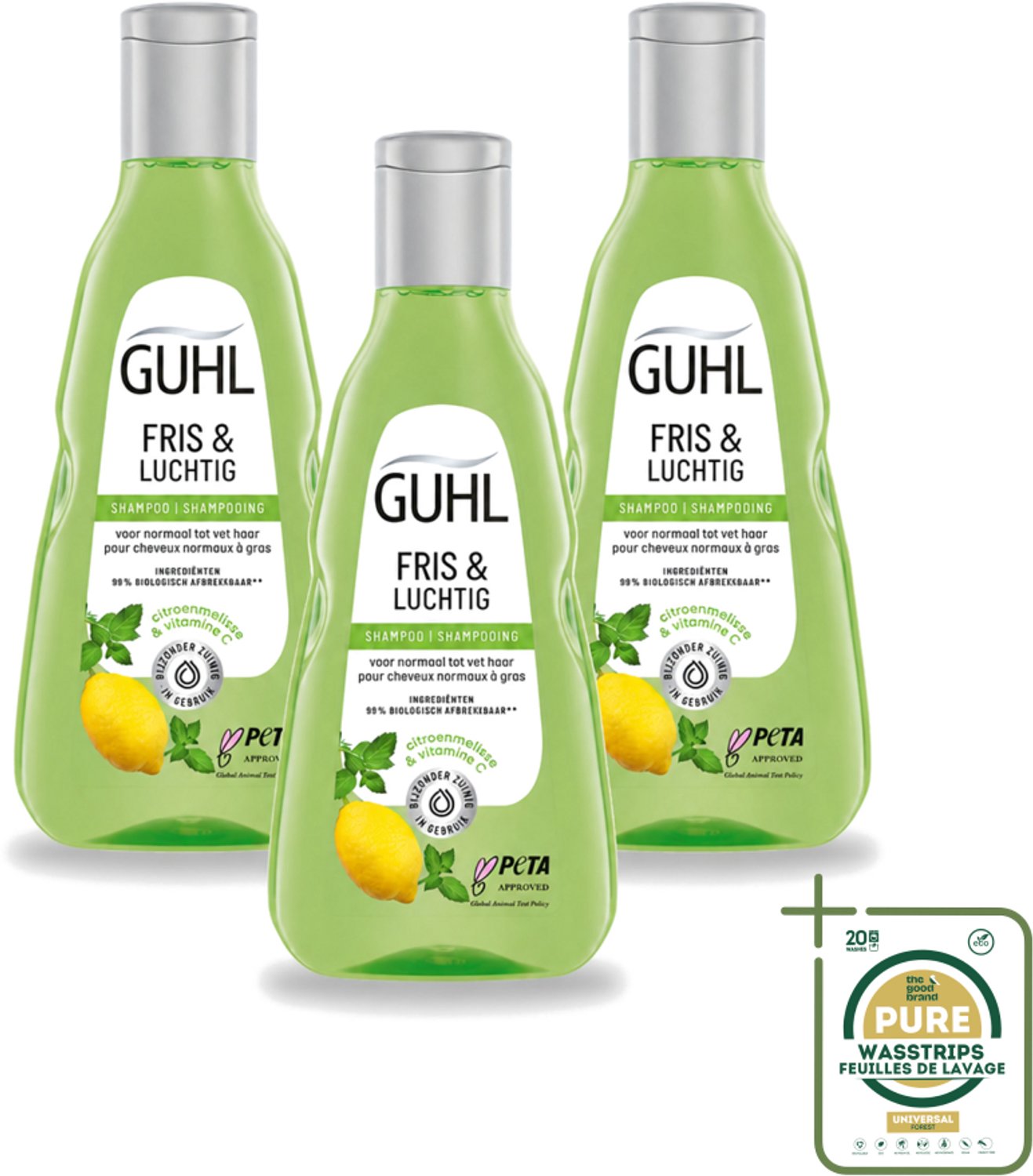 3 x Guhl - Shampoo - Fris & Luchtig - 250 ml - Wasstrips - Fris Haar - Luchtig Haar - Vet Haar Shampoo - Verfrissend Haar - Talgverwijderend Shampoo