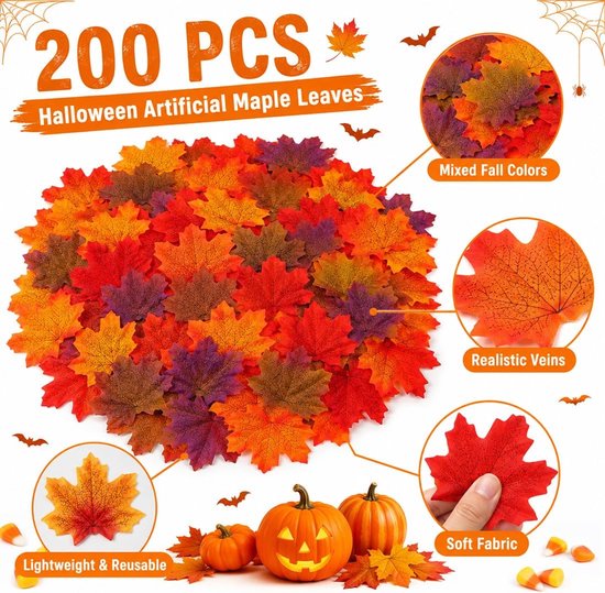 200 stuks kunstmatige esdoornbladeren, herfstbladeren, esdoornbladeren, imitatie, decoratie voor Halloween, bruiloft, klaslokaal en herfstthemafeesten — afbeelding 5