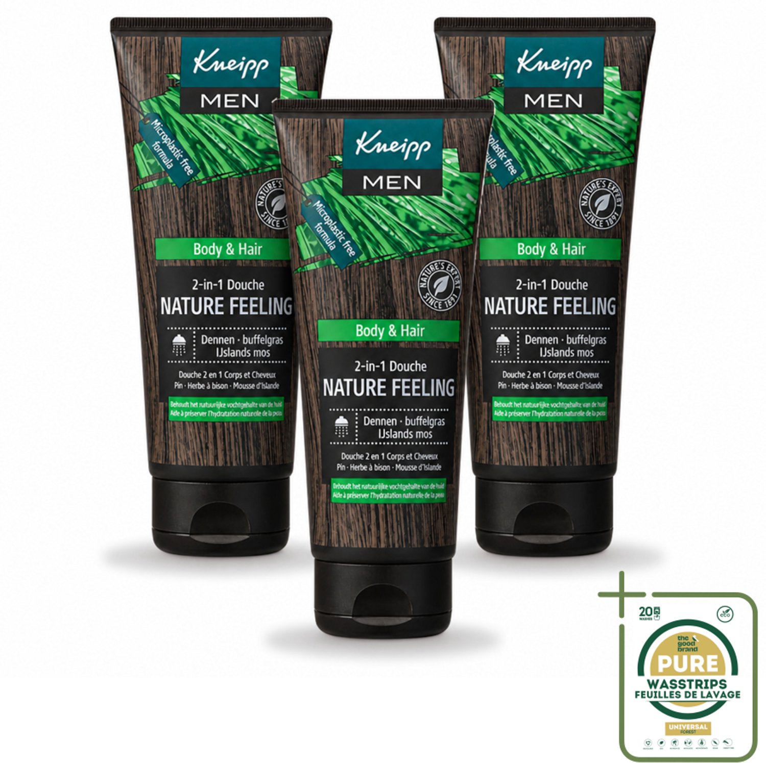 3 x Kneipp - Douchegel - Men - Nature Feeling - 2-in-1 - 200 ml - Wasstrips - Douchegel Voor Mannen - Natuurlijke Douchegel - Frisheid Na Sporten - Verzorging Voor Lichaam En Haar - Dennenolie