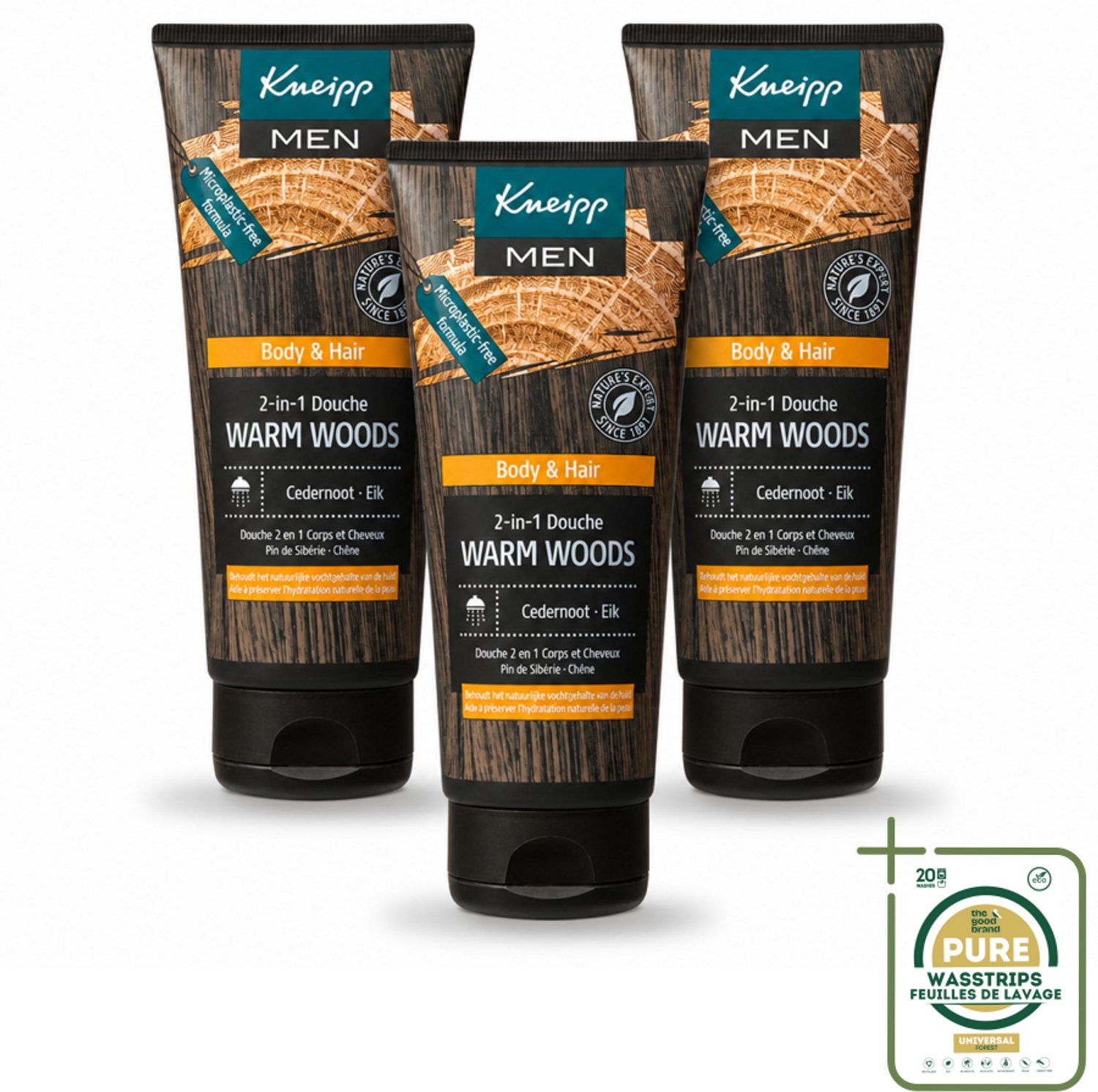 3 x Kneipp - Douchegel - Men - Warm Woods - 2-in-1 - 200 ml - Wasstrips - Douchegel Mannen - Natuurlijke Verzorging - Huid Verzorging - Haar Verzorging - Warm Woods Geur
