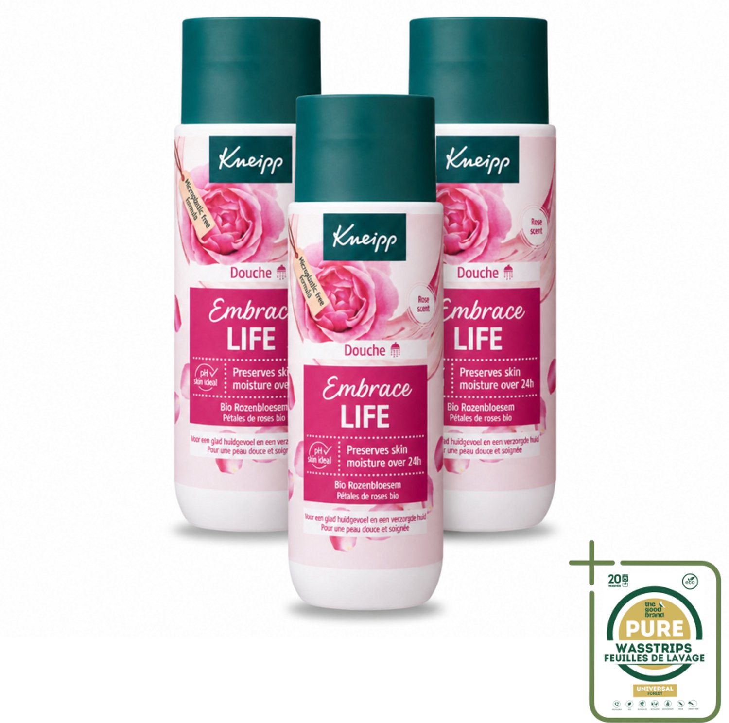 3 x Kneipp - Douchegel - Embrace Life - 200 ml - Wasstrips - Douchegel Vrouwelijk - Roze Geur - Hydraterende Douchegel - Zachte Douchegel - Douchegel Voor Gevoelige Huid