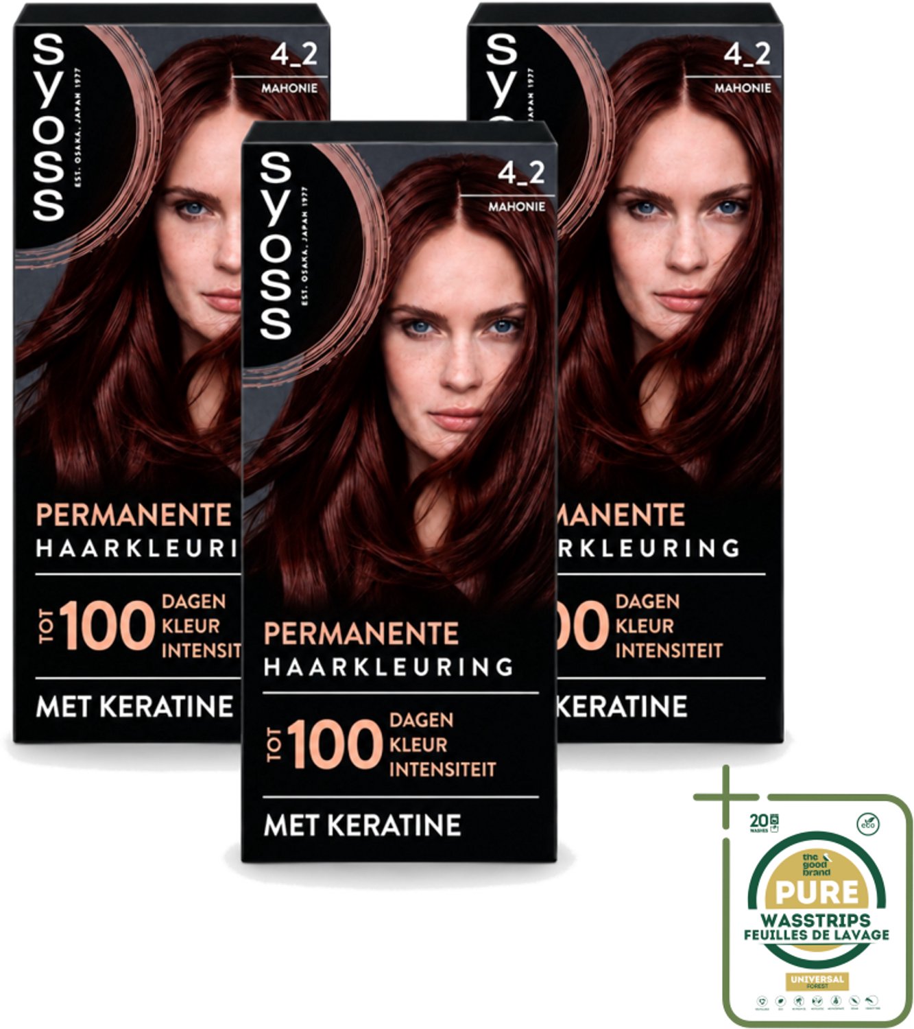 3 x SYOSS - Coloration 4-2 Mahonie - Haarverf - Grijsdekking - Vermindert Haarbreuk - Wasstrips - Haarverf - Grijsdekking - Permanent Haarverf - Keratine - Haarkleur
