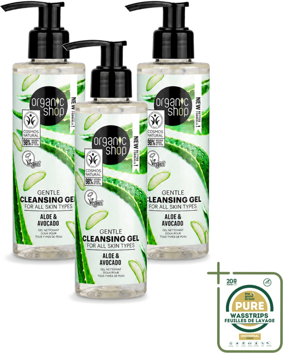 3 x Organic Shop - Cleansing Gel Avocado & Aloe - Verfrissend en Hydraterend - 200 ml - Wasstrips - Gezichtsreiniger - Natuurlijke Reiniger - Avocado-olie - Aloë-extract - Hydraterende Reiniger