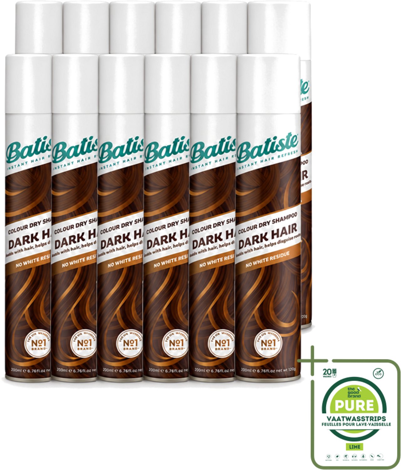 12 x Batiste - Dark & Deep Brown - Droogshampoo - Speciaal Voor Donkerbruin Haar - Verfrist en Geeft Volume - 200ml - Grootverpakking - Vaatwasstrips - Donker Haar - Droogshampoo - Haarkleur - Haarkleurbeurt - Haarkleur Verfrissen