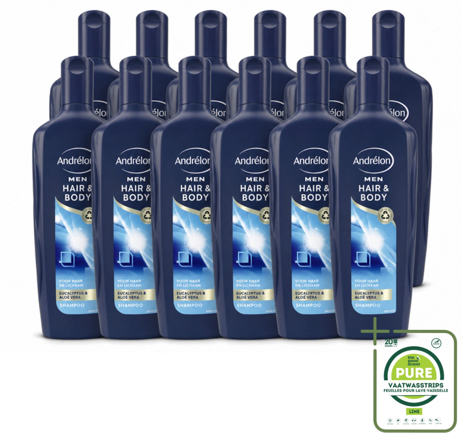 12 x Andrélon - Men - Hair & Body - Shampoo - 300 ml - Grootverpakking - Vaatwasstrips - Haar En Lichaam Verzorgen - Mannelijke Haar En Lichaam Verzorging - Eucalyptus En Aloë Vera - 2-in-1 Shampoo En Bodywash - Hydraatende Shampoo