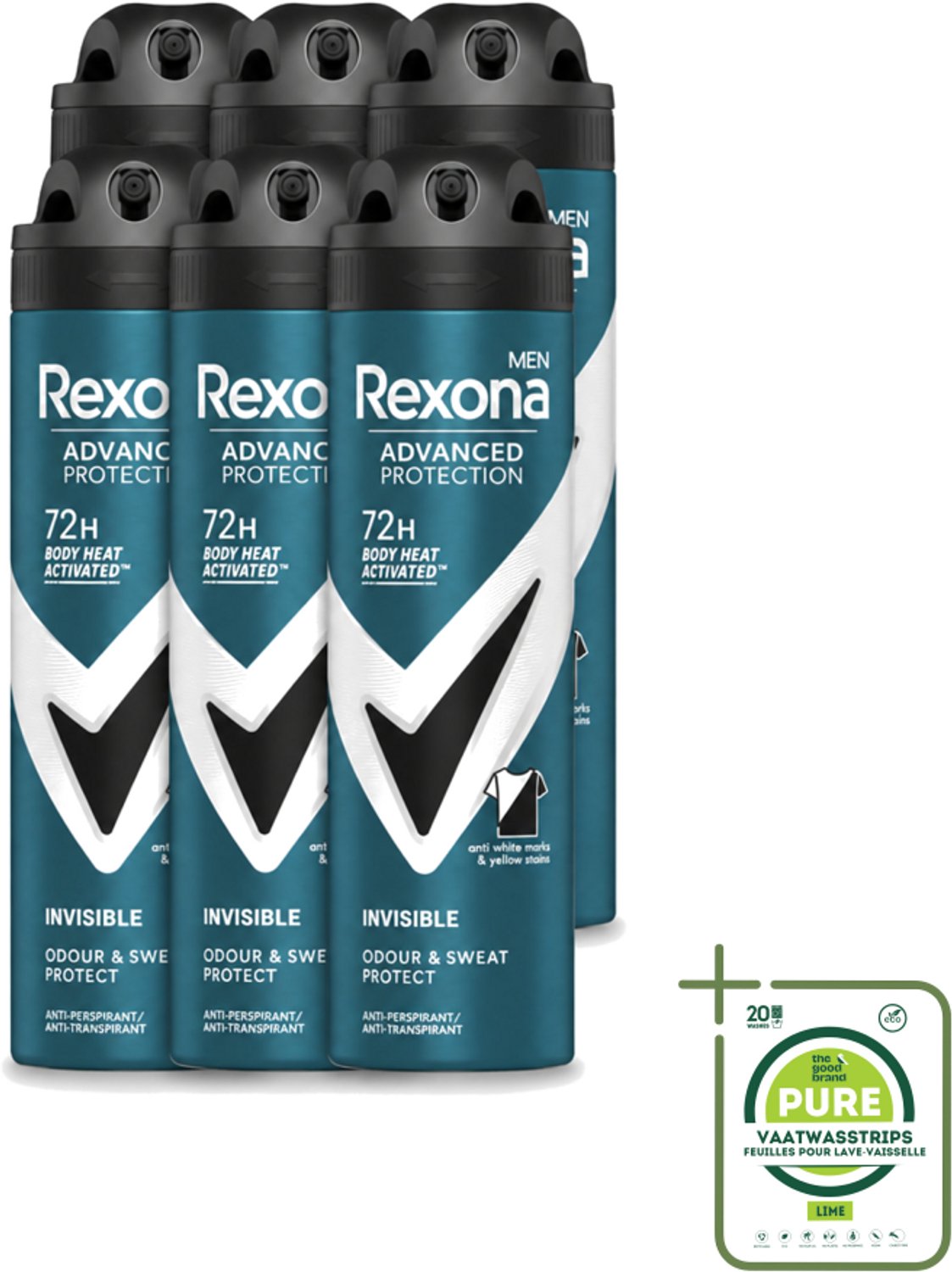 6 x Rexona Men - Deodorant Spray - Advanced Protection Invisible - Langdurige Frisheid - 150 ml - Grootverpakking - Anti-transpiratie - Zweet - Geur - Vlekken - Strepen