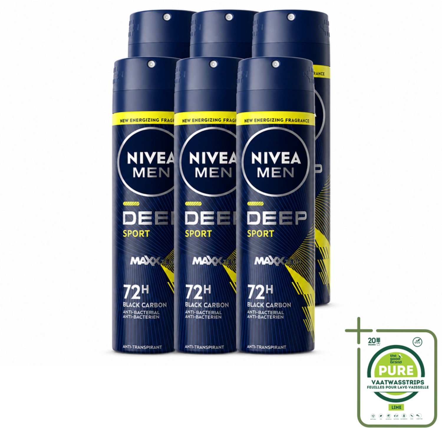 6 x NIVEA MEN - Deodorant Spray - Deep Sport - 150 ml - Grootverpakking - 72 Uur Bescherming - Anti-transpirant - Zweetvermindering - Lichaamsgeur Absorberen - Citrusgeur