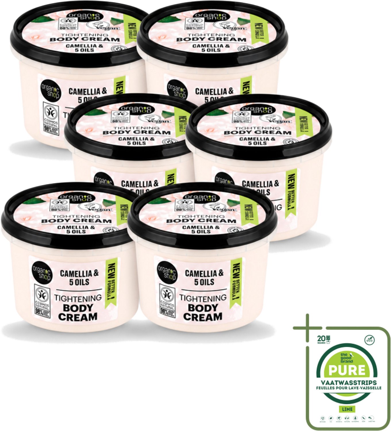 6 x Organic Shop - Organic Camellia & 5 Oils Body Cream - Verzachtend en Hydraterend - 250 ml - Grootverpakking - Vaatwasstrips - Organische Bodycrème - Japanse Kamelia - Hydraterende Crème - Verzachtende Crème - Natuurlijke Oliën